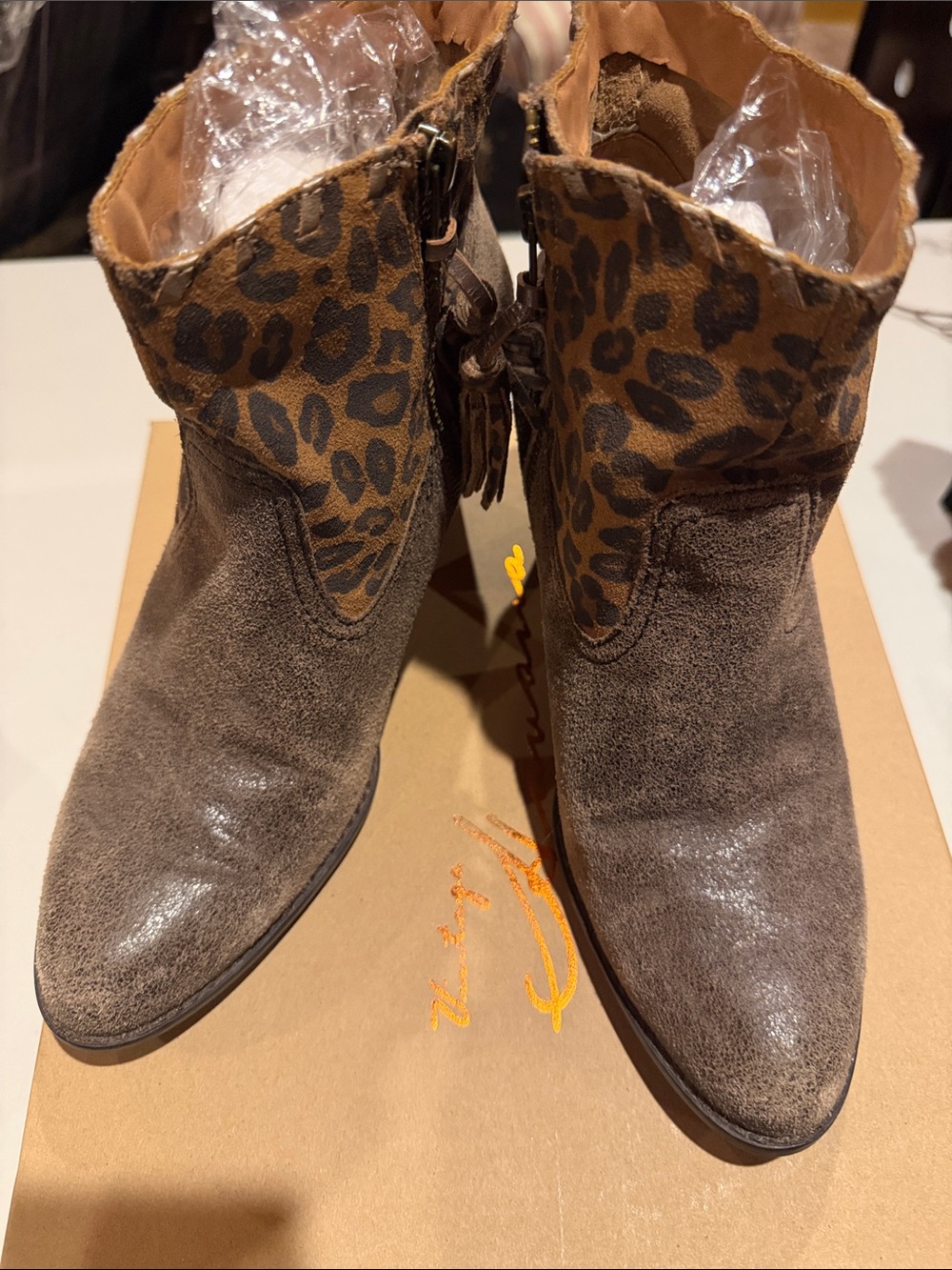 Women’s Taupe Suede Ankle Boots with Leopard Cuff
